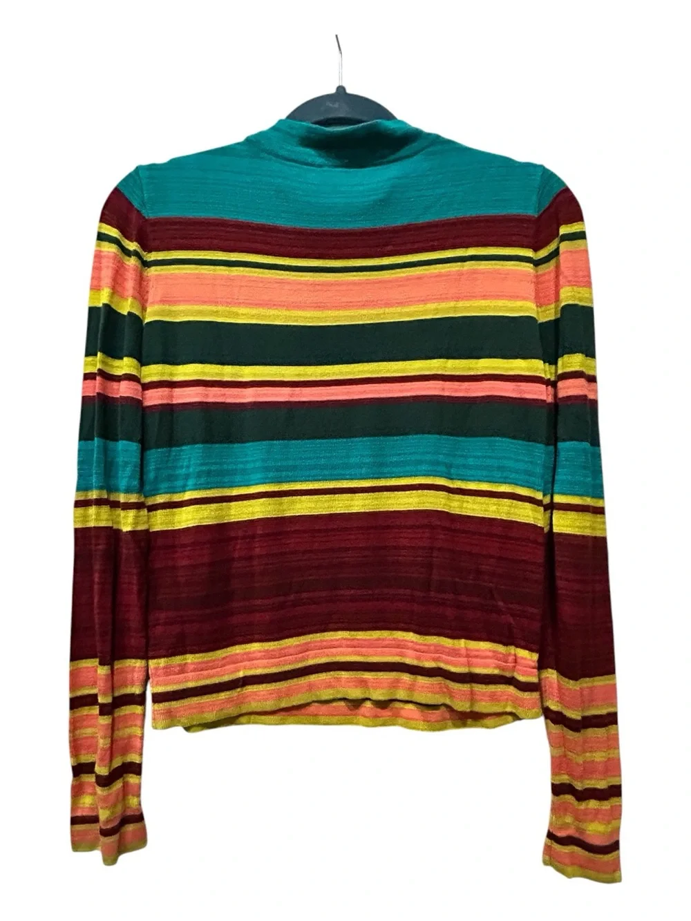 Free People Retro Mock Neck Teal Stripe Lightweight Knit Boho Fall Sweater S